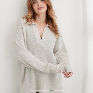 Aerie CozyUp Waffle Polo Sweater in Heather Gray